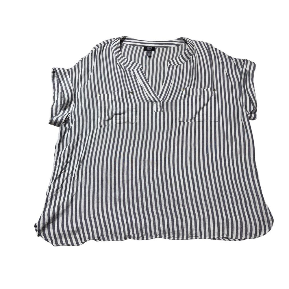 Jones New York Signature Womens 3X Dark Grey & White Stripe Short Sleeve Blouse